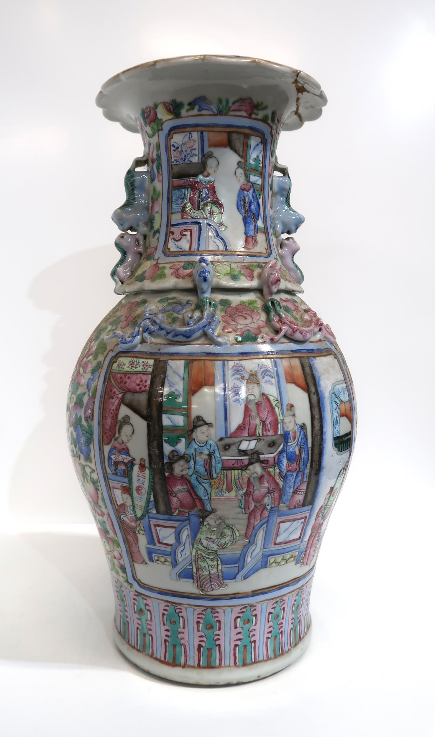 A Chinese famille rose canton vase, of baluster form with a pie crust rim, decorated with panels - Image 2 of 5