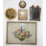 A mahogany framed dressing table mirror, circular pressed flower display, mahogany framed ceramic