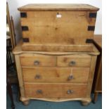 A Victorian pine serpentine chest of three drawers with glass drawer pulls, 86cm high x 95cm wide