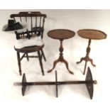 A mixed lot to include set of scales, rail back chairs, three tier corner wall shelf and two