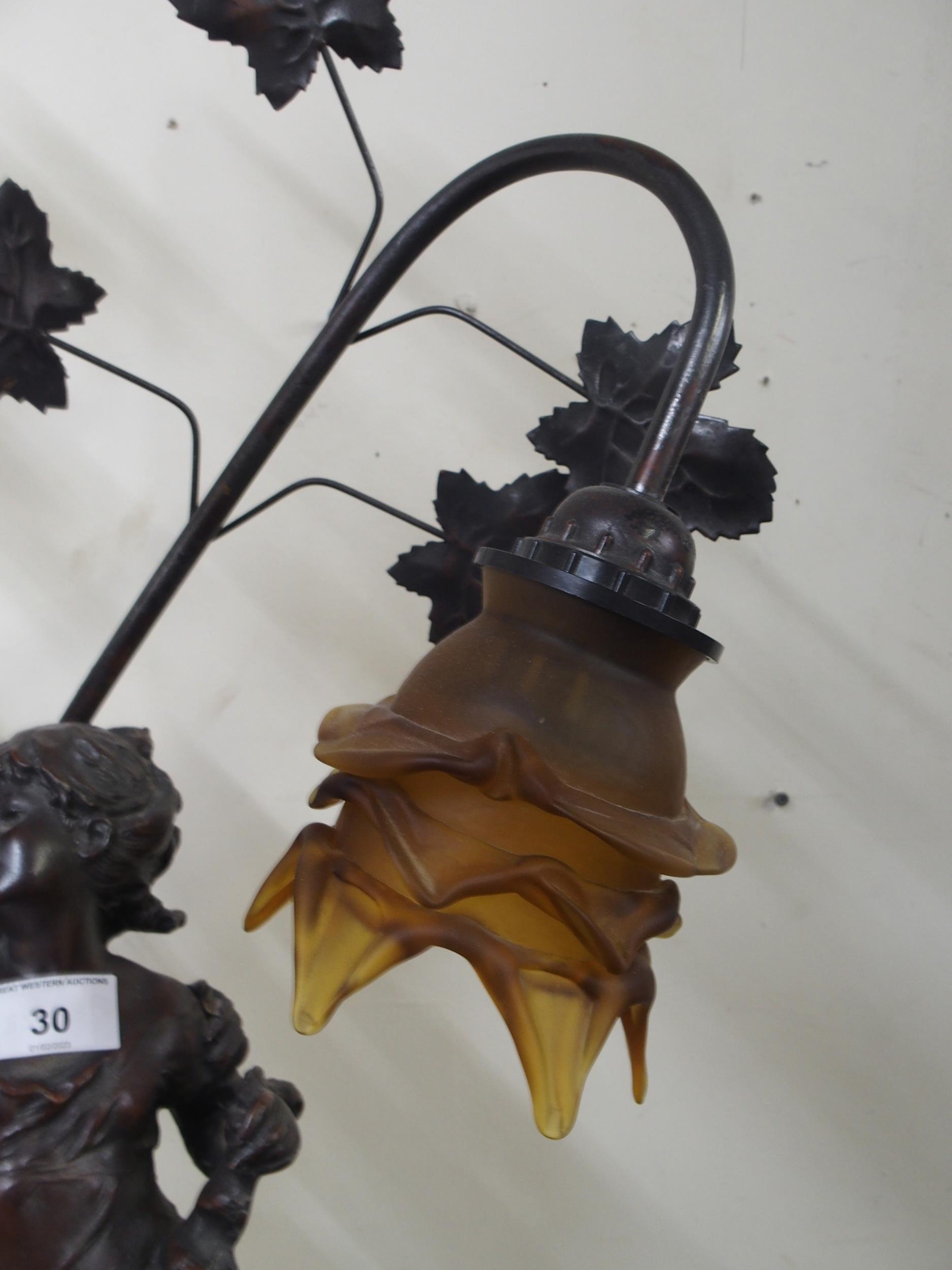 A 20th century spelter figural table lamp with three floral moulded glass shades, 84cm high - Image 3 of 5