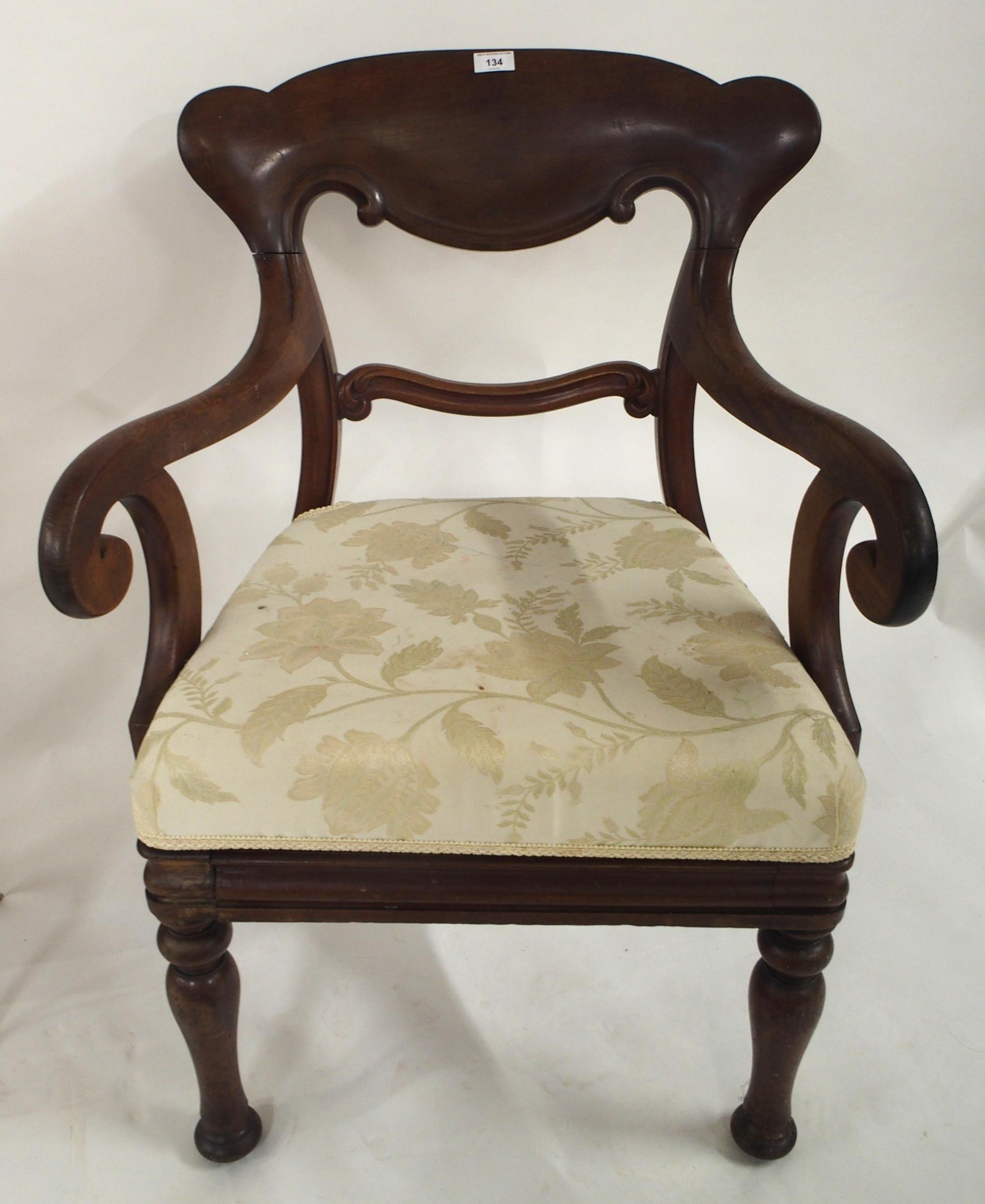A Victorian mahogany framed scroll armed chair, upholstered footstool and brass electric fire (3) - Image 2 of 5
