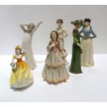 A Royal Doulton figure Clemency in green and pink colourway, a Coalport figure Eloise, a Nao