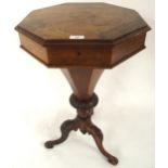 A Victorian walnut and satinwood inlaid trumpet form sewing table with octagonal hinged top