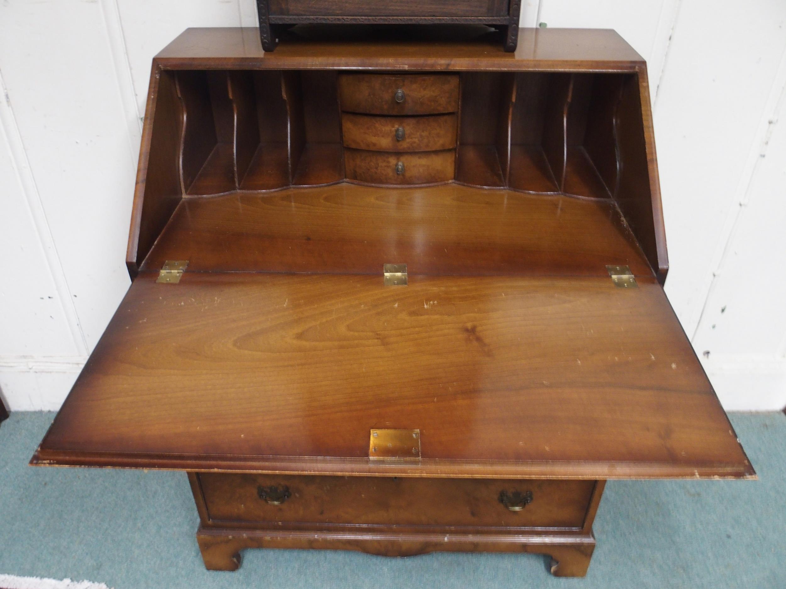 A 20th century mahogany veneered writing bureau, 97cm high x 77cm wide x 47cm deep and an oak - Image 4 of 6