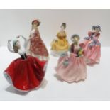 Five Royal Doulton figures including Honey, Coralie, Top o the Hill, Karen and The Paisley Shawl