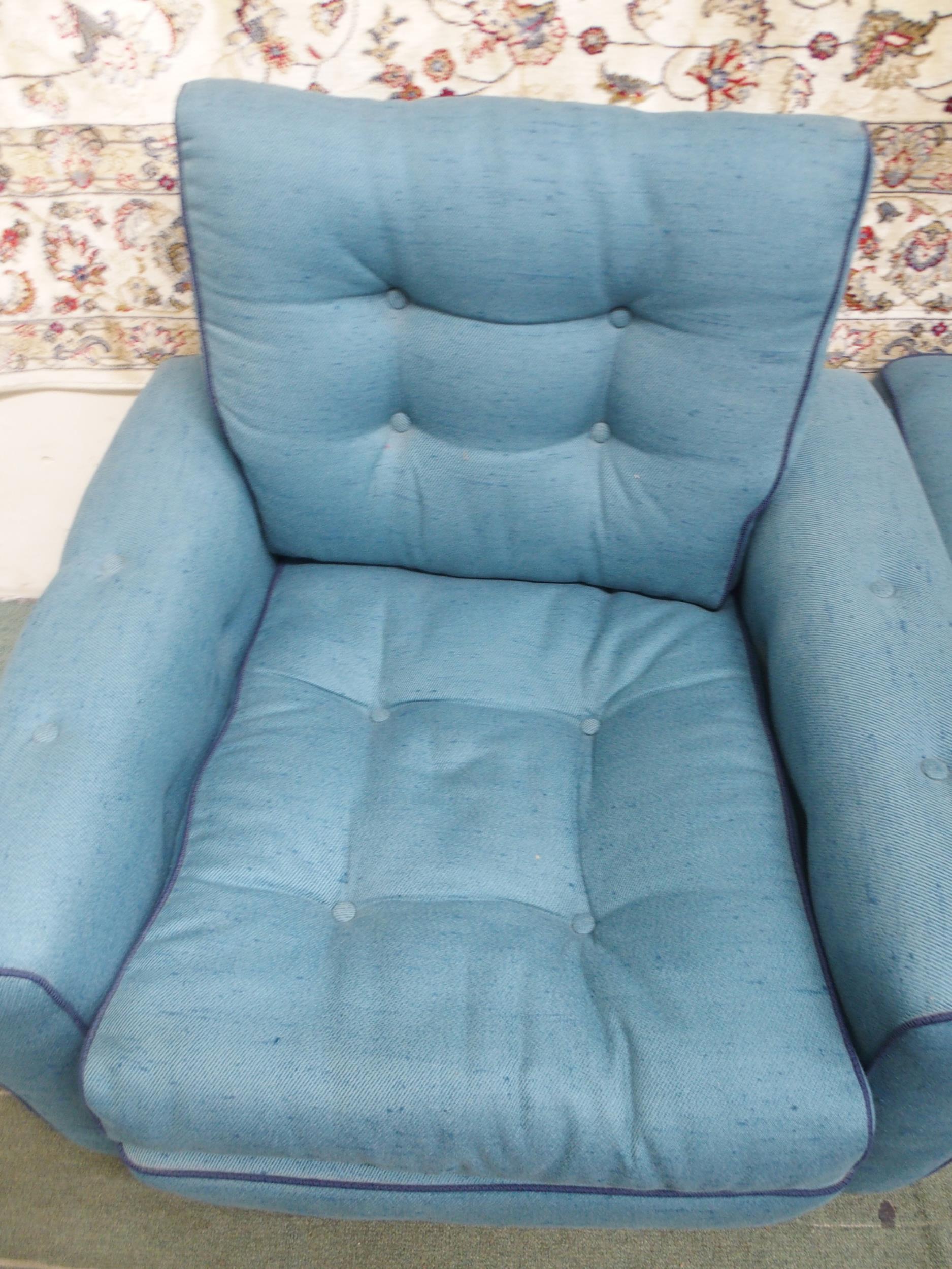 A pair of mid 20th century blue upholstered armchairs, 69cm high x 80cm wide x 73cm deep and an - Image 3 of 6