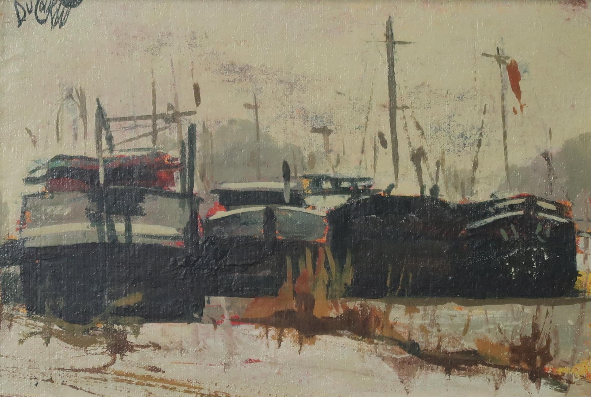 FRENCH SCHOOL (DU COURAM?) C'HIVER SUR LE CANAL Oil on board, signed upper left, 12 x 18cm Signed