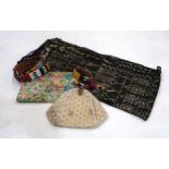 A brown Egyptian Assuit net and white metal shawl, ladies evening bags and African bangles and