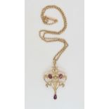 A 9ct gold Edwardian garnet and pearl pendant, pendant stamped 9ct, vintage yellow metal belcher not