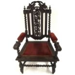 A Victorian mahogany carved barley twist open armchair with upholstered arms and seat pad, 125cm