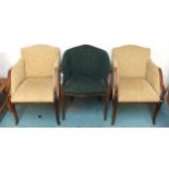 A pair of 20th century mahogany framed beige upholstered armchairs and another 20th century mahogany