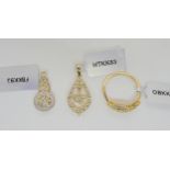 Three 9ct gold yellow and white diamond items, to include a flower ring, size Q, and similar pendant