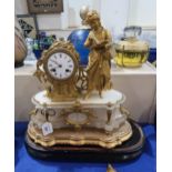 An alabaster and gilded spelter mantle clock, has key and pendulum Condition Report:winds and ticks