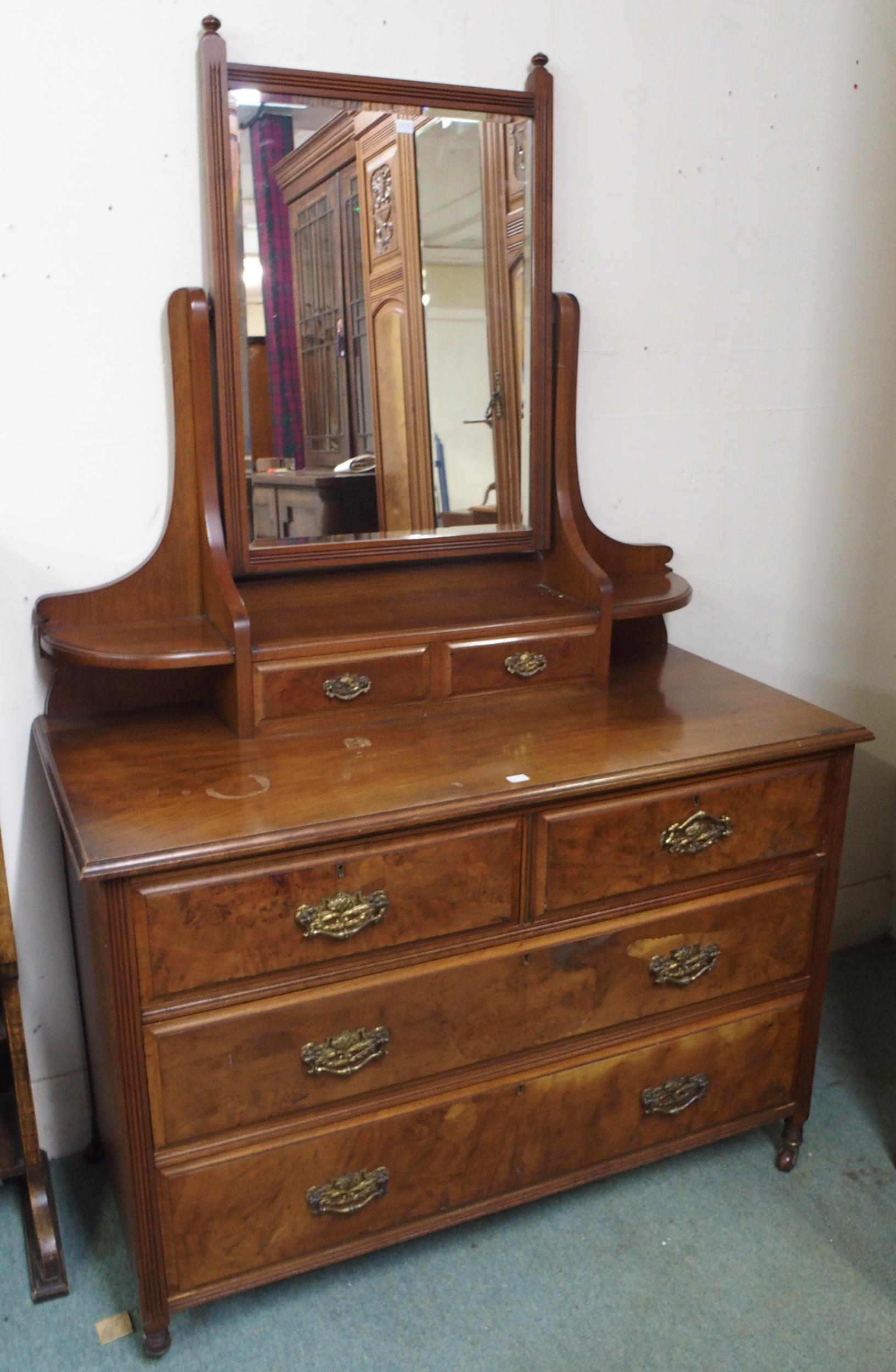 A late Victorian mahogany and walnut veneered two piece bedroom suite comprising single mirror - Image 2 of 11
