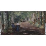 BRITISH SCHOOLÊTwo figures on a woodland track, oil on canvas, 19 x 35cm Condition Report: