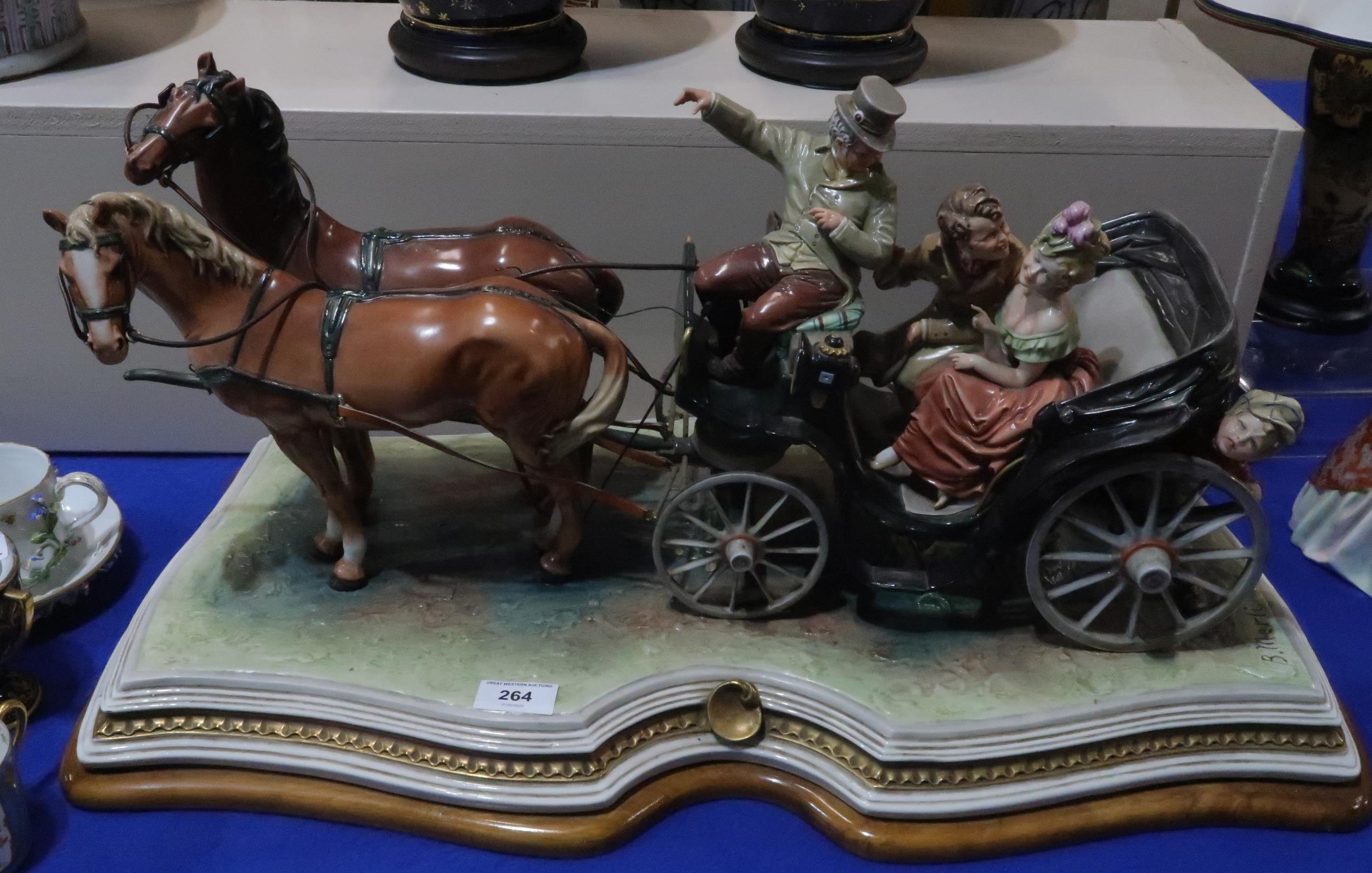 A large Capodimonte group of two horses pulling a carriage with driver and a seated couple, signed B