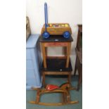 A lot of two early 20th century children's desks, child's rocking horse and a Tri-ang baby walker