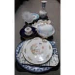 A Dresden hand painted dish, a Meissen chocolate pot, three Wedgwood prunus decorated tiles etc