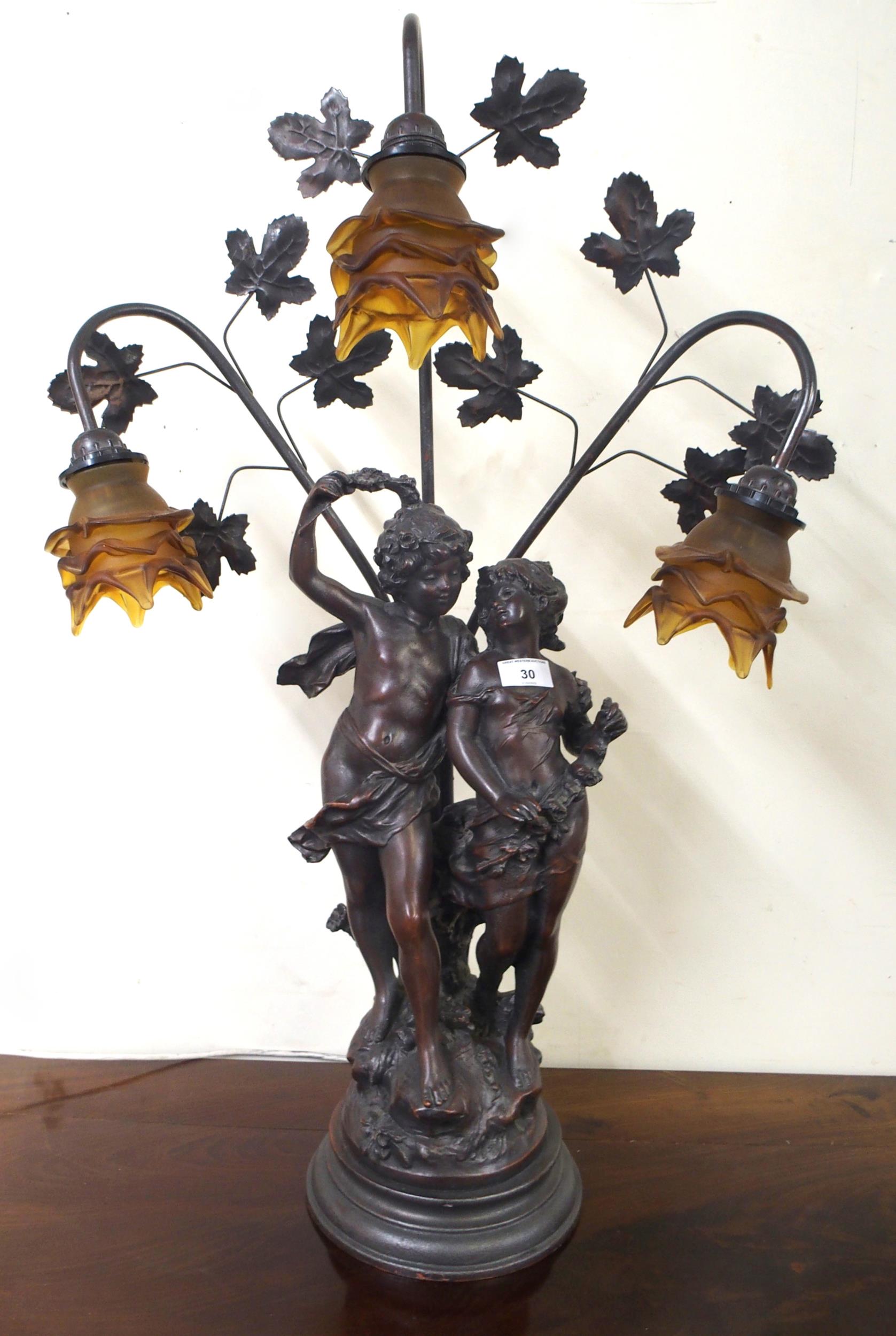 A 20th century spelter figural table lamp with three floral moulded glass shades, 84cm high