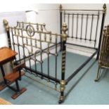 A Victorian ebonised brass framed tester sized bed frame with mother of pearl inlays, 161cm high x