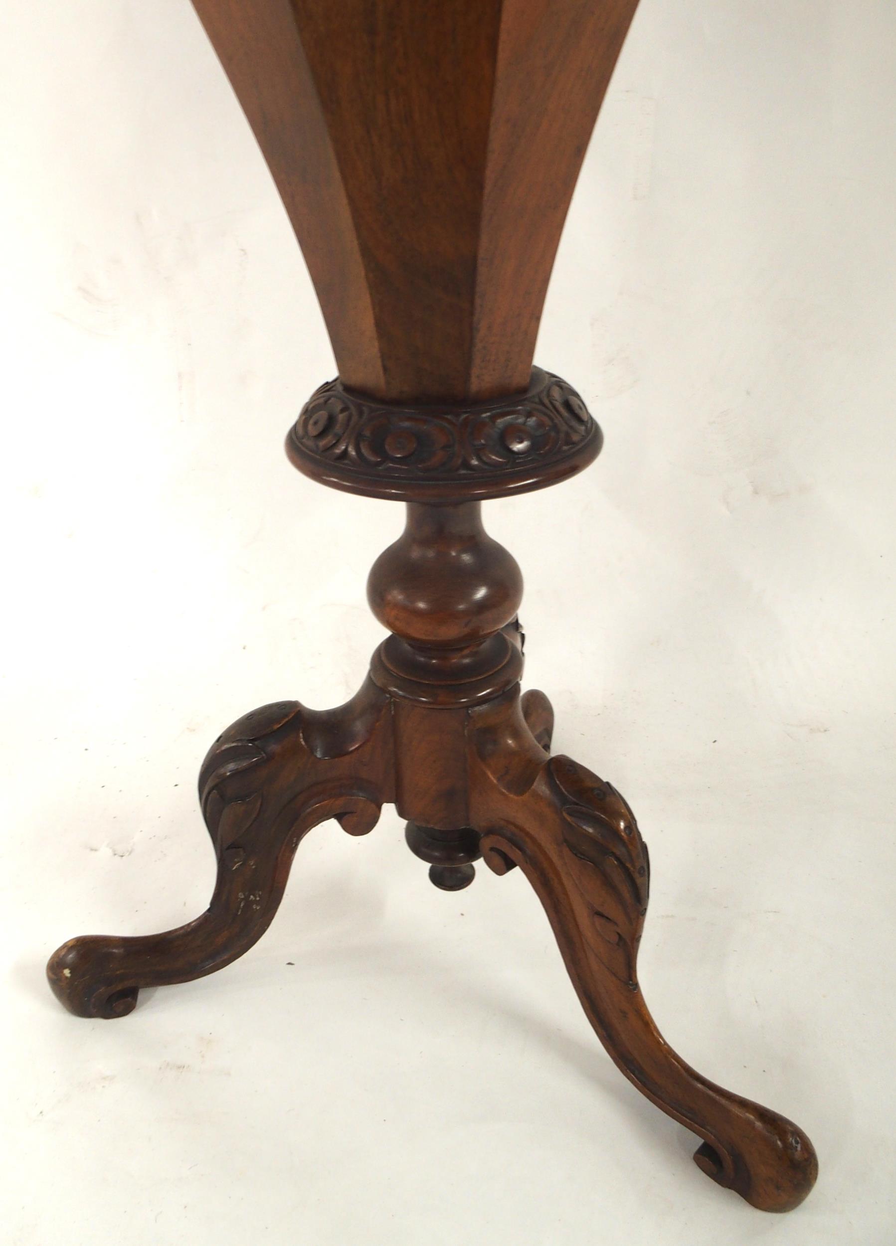 A Victorian walnut and satinwood inlaid trumpet form sewing table with octagonal hinged top - Image 5 of 5