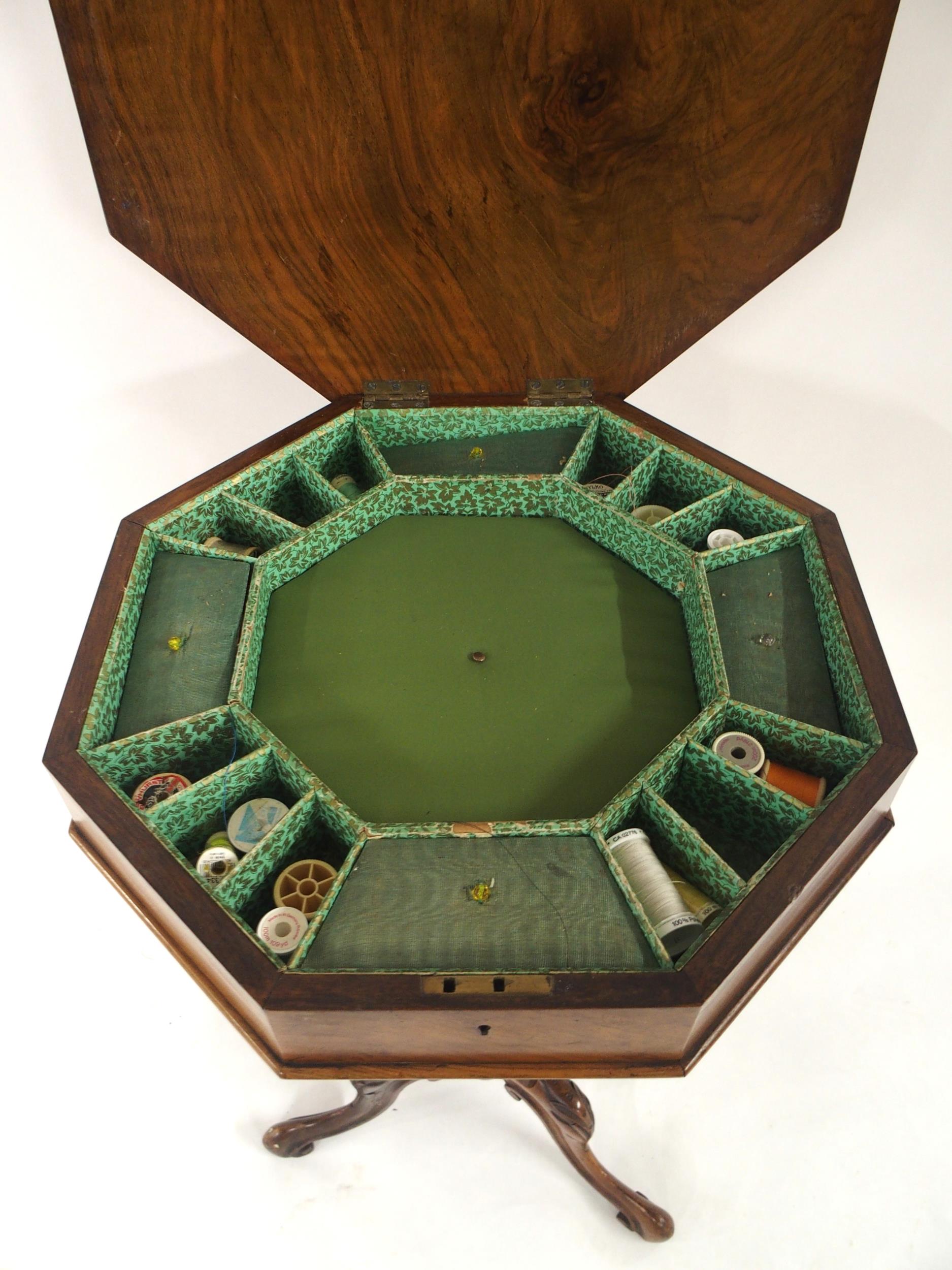 A Victorian walnut and satinwood inlaid trumpet form sewing table with octagonal hinged top - Image 3 of 5