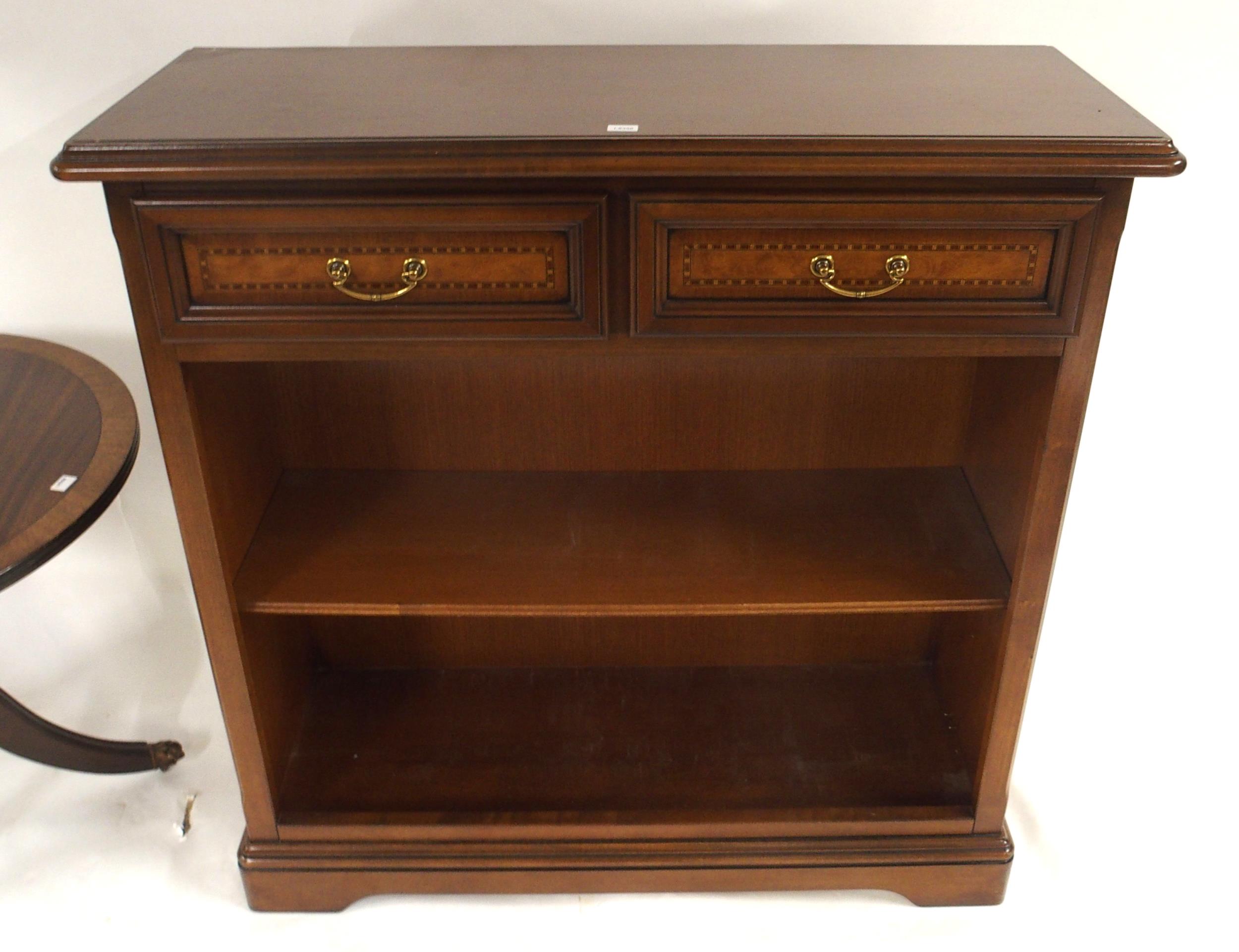 A 20th century mahogany open bookcase, oak nest of three tables and tilt top circular occasional - Image 2 of 6