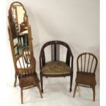 A 20th century mahogany framed cheval mirror, mahogany tub chair and pair of child's rail back