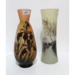 A Galle style cameo glass vase etched with irises, together with a Lamartine glass vase painted with
