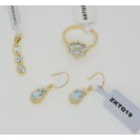 Three 9ct GemsTV items set with aquamarine, a flower ring, size Q, a triple drop pendant, length 2.