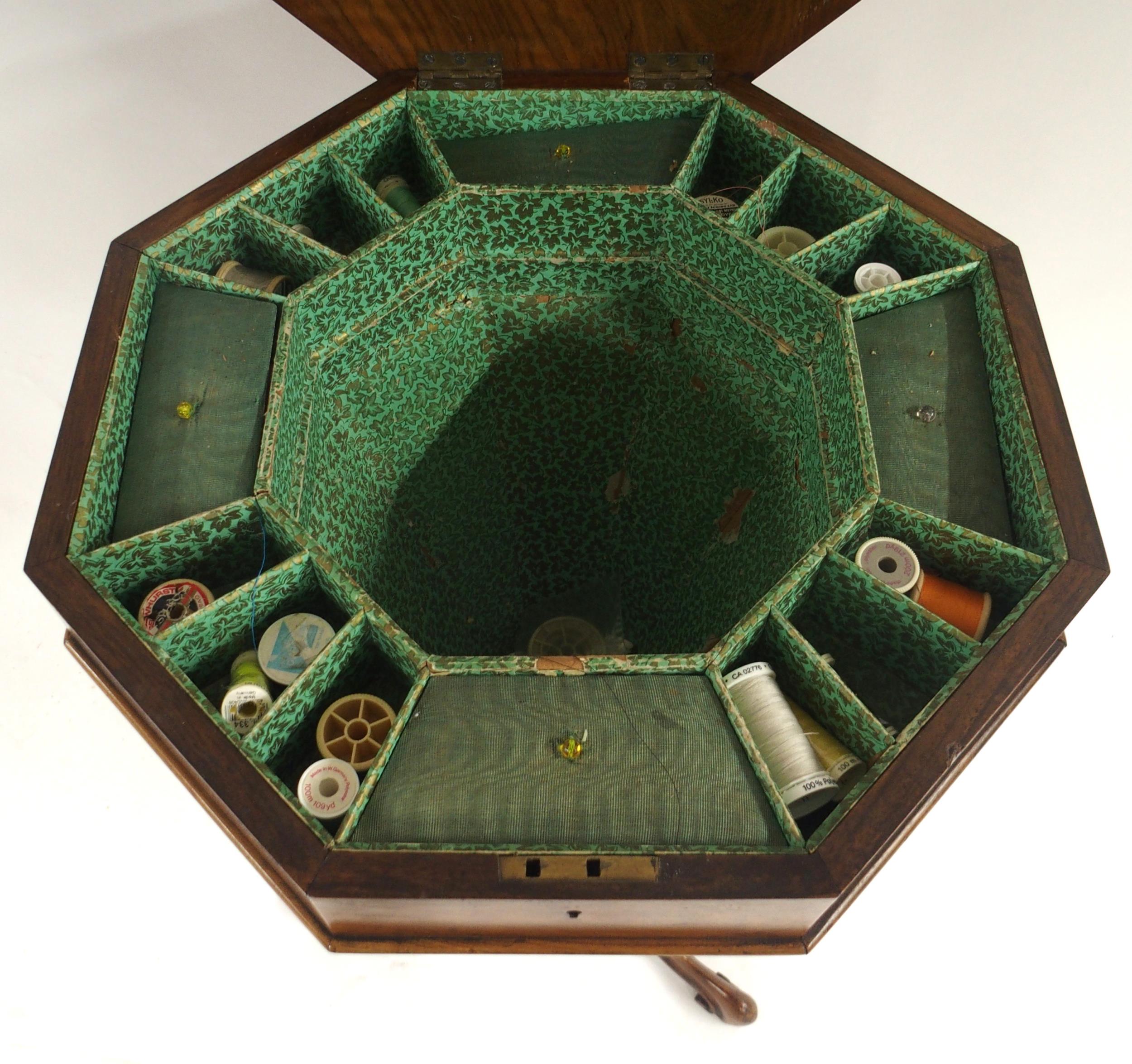 A Victorian walnut and satinwood inlaid trumpet form sewing table with octagonal hinged top - Image 4 of 5