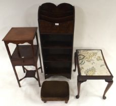 A 20th century oak magazine rack/open bookcase, mahogany bedside table and two footstools (4)
