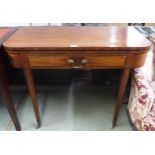 A Victorian mahogany fold over tea table with single drawer on square tapering supports, 75cm high x