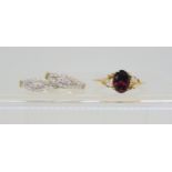 A 9ct gold garnet and zircon ring, size Q, together with a pair of 9ct gold diamond creole earrings,