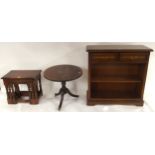 A 20th century mahogany open bookcase, oak nest of three tables and tilt top circular occasional