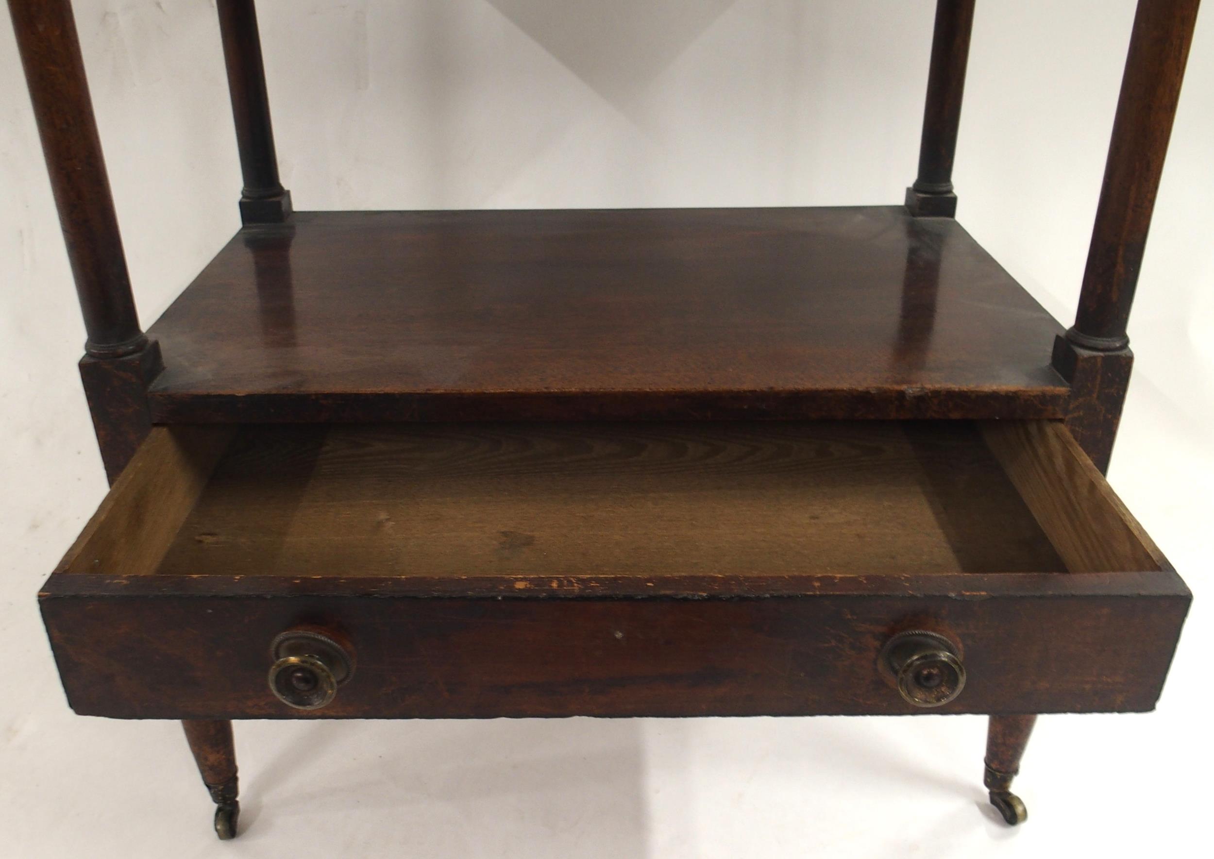 A Victorian mahogany three tier what-not with three open galleried shelves over single drawer with - Image 2 of 4