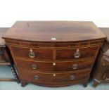A Victorian mahogany and satinwood inlaid bow fronted two over two drawers with cast brass drawer