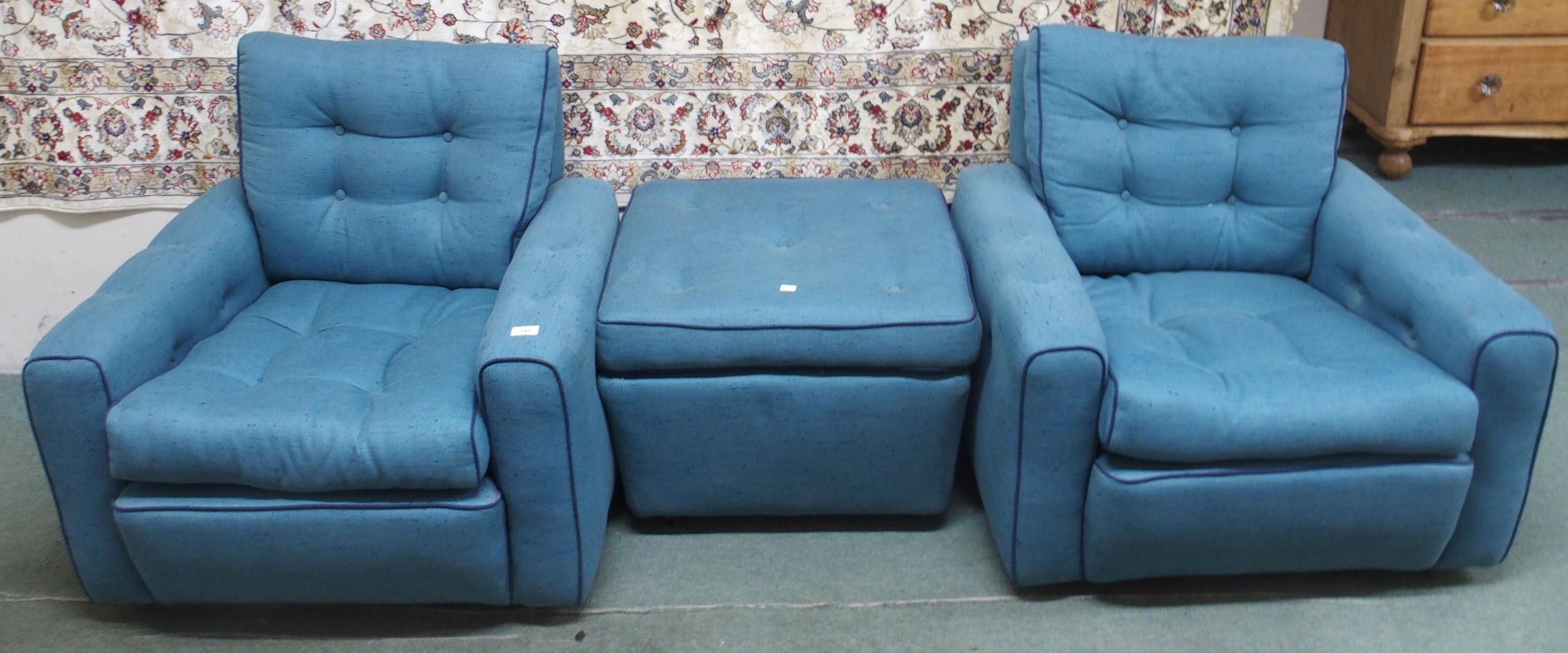 A pair of mid 20th century blue upholstered armchairs, 69cm high x 80cm wide x 73cm deep and an