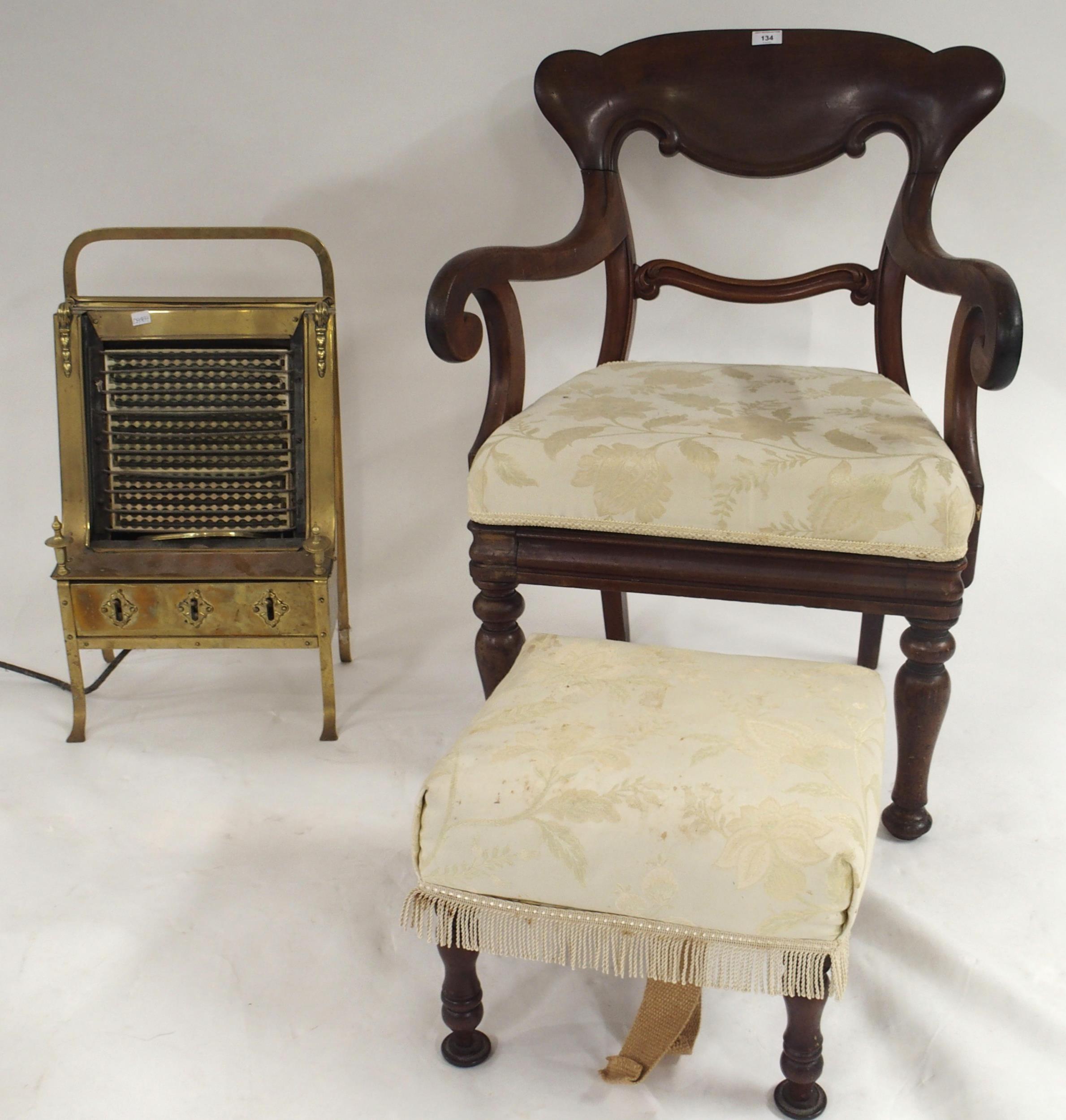 A Victorian mahogany framed scroll armed chair, upholstered footstool and brass electric fire (3)