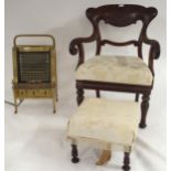 A Victorian mahogany framed scroll armed chair, upholstered footstool and brass electric fire (3)