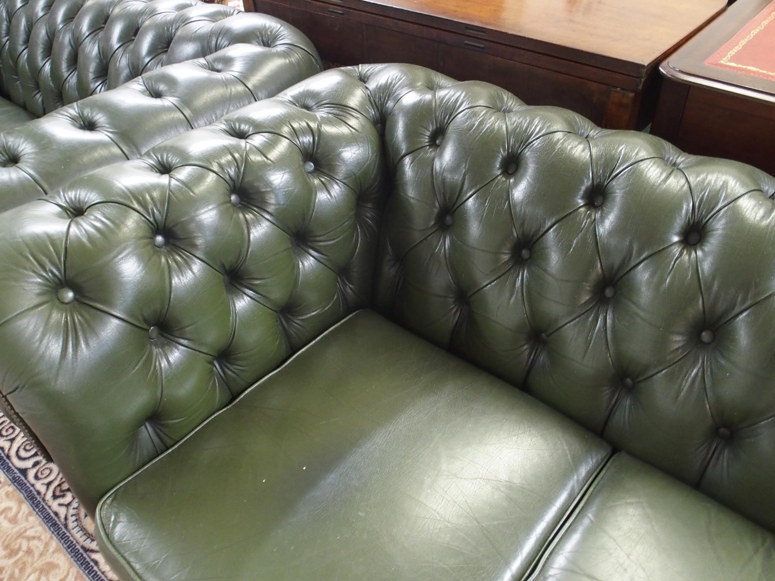 A 20th century green leather upholstered Chesterfield style three seater button back club settee - Image 2 of 5