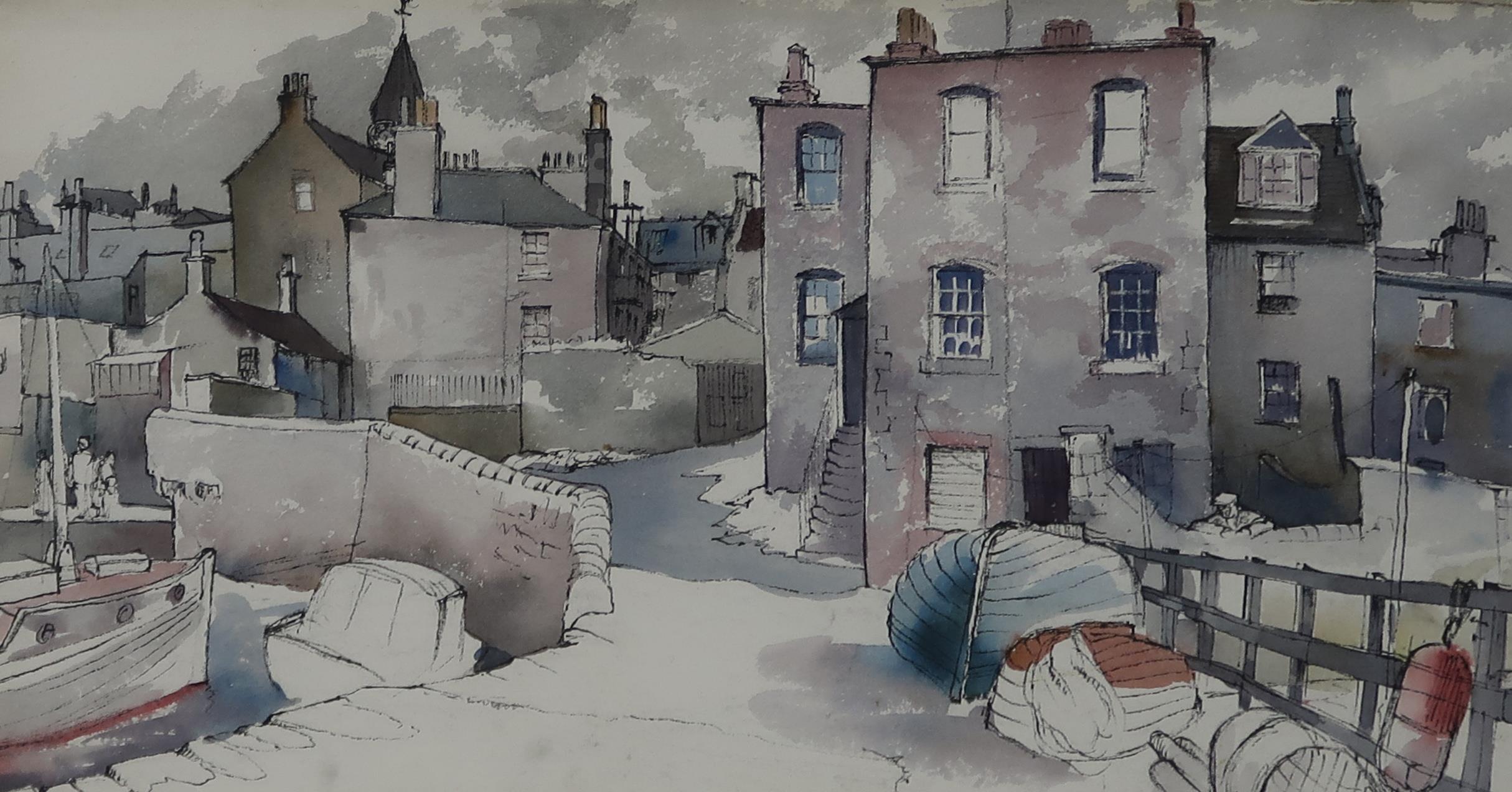 FRANK ADCROFT (SCOTTISH CONTEMPORARY)Ê HARBOUR TOWNÊ Watercolour on paper, signed, 28 x 51cmÊ