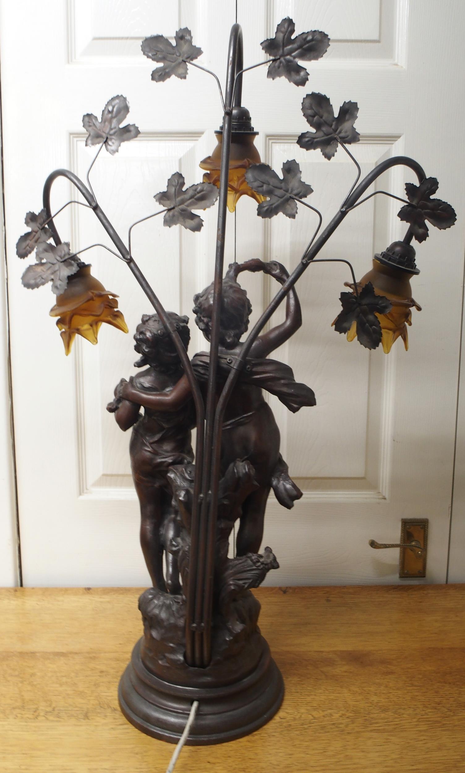 A 20th century spelter figural table lamp with three floral moulded glass shades, 84cm high - Image 5 of 5