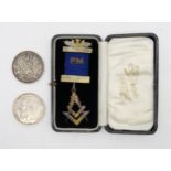 A cased Masonic jewel retailed by D. M. Goudielock, Masonic Specialist, Glasgow, the gilt metal