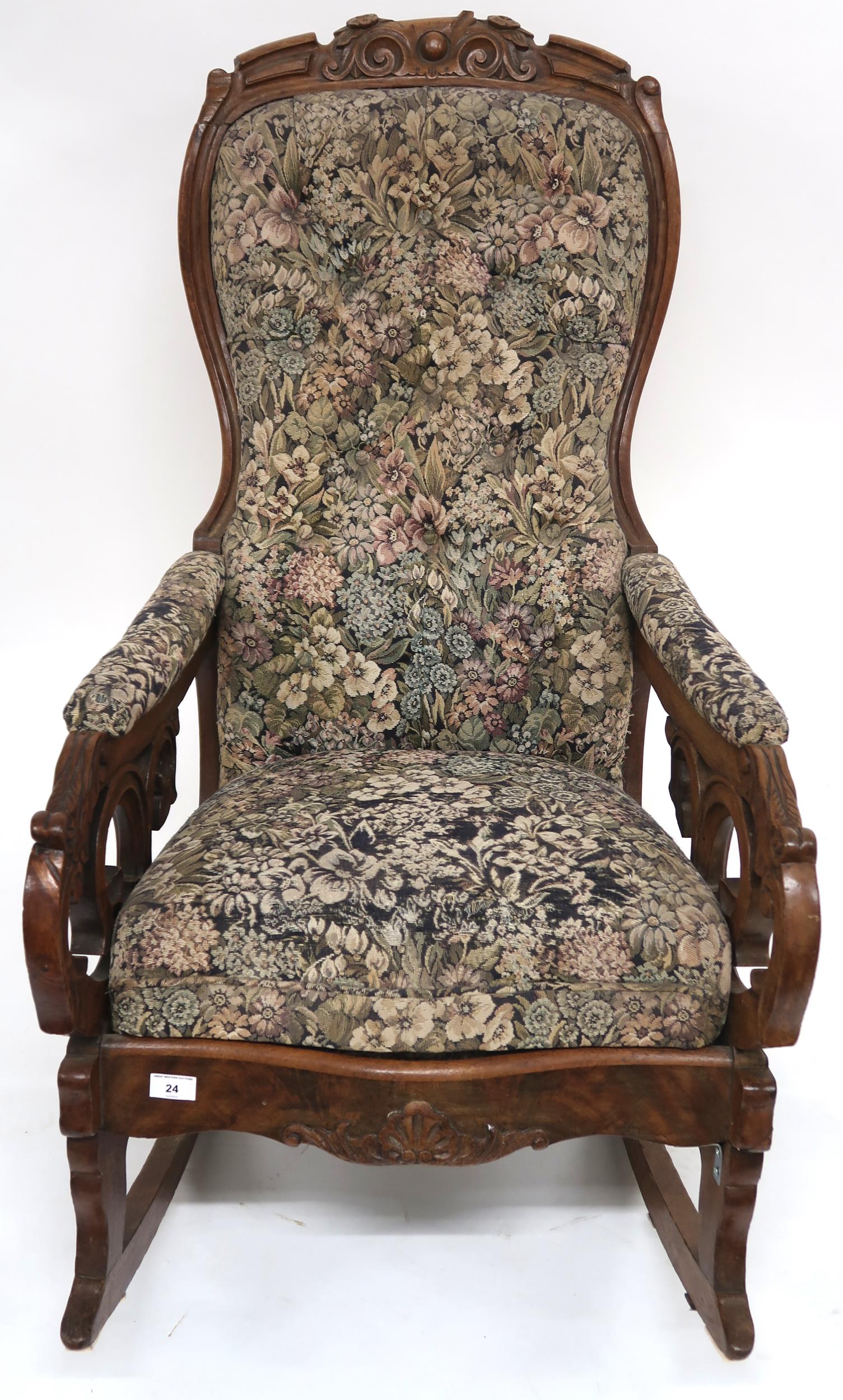 A Victorian walnut framed rocking chair with floral button back upholstery, carved scrolled arms - Image 2 of 6