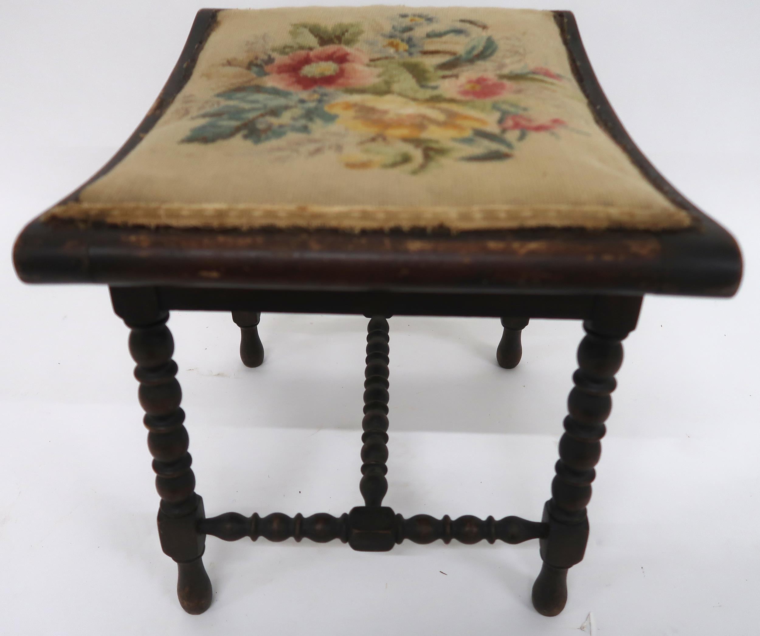 A Victorian mahogany framed stool with tapestry upholstered seat on turned bobbin stretchers and - Image 5 of 5