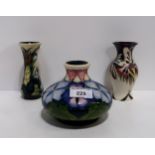 A Moorcroft Joy pattern trial vase, dated 07.08.07, together with a Lamia pattern vase and a