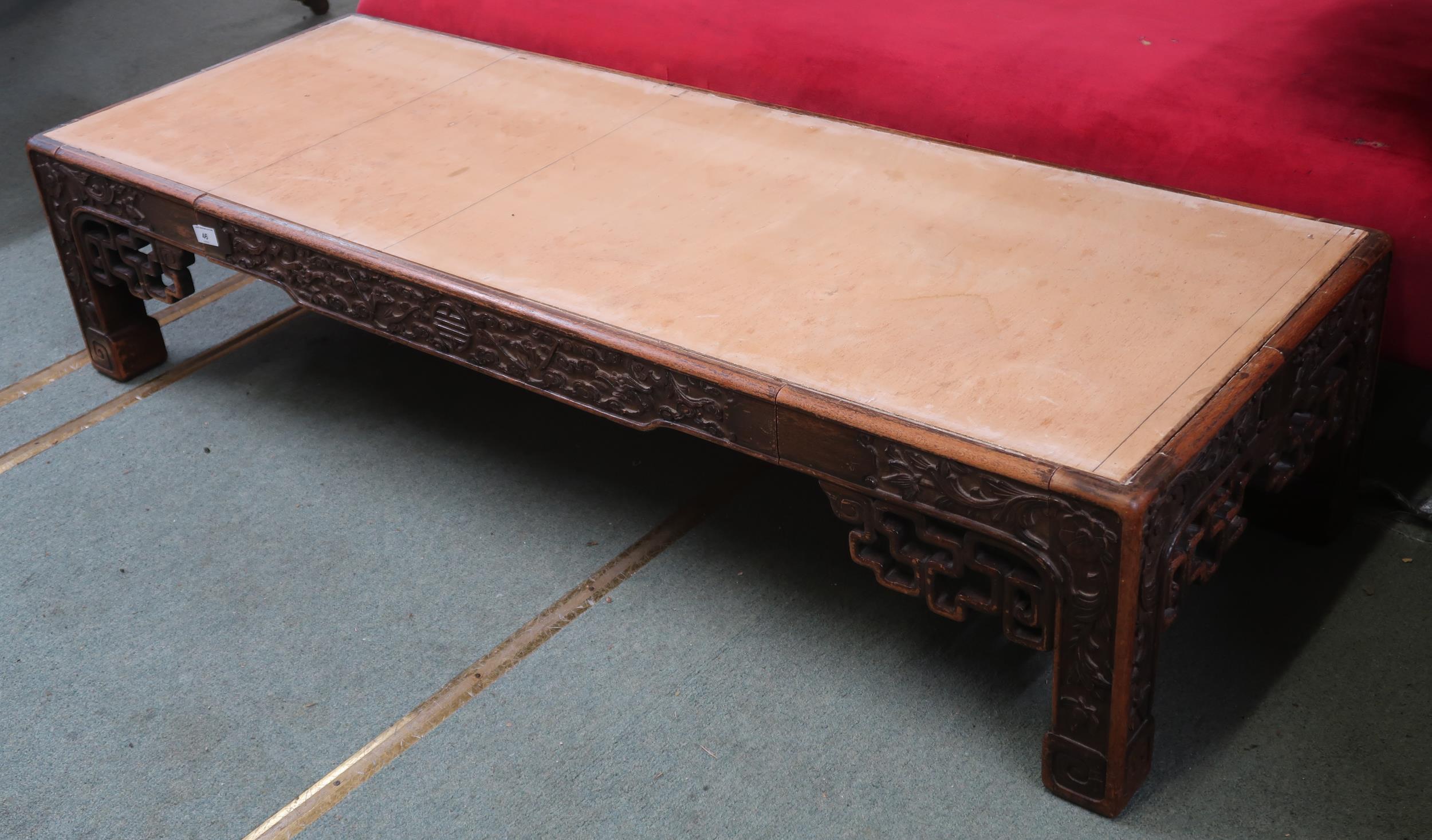 A 19th century Oriental hardwood low coffee table with extensively carved fretwork friezes on shaped - Image 2 of 8