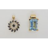 A 9ct gold blue topaz pendant, together with a 9ct sapphire and diamond accent pendant, weight